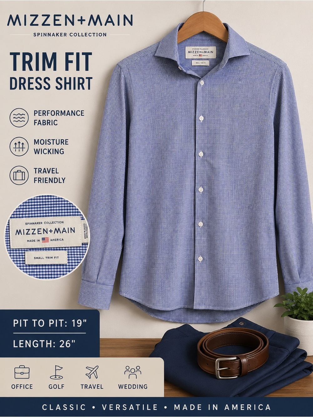 Mizzen+Main Spinnaker Collection Blue Gingham Trim Fit Dress Shirt Small